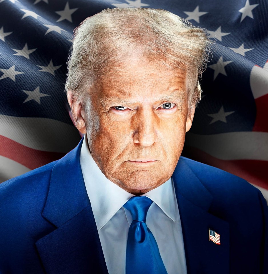 Portrait of Donald Trump in a blue suit against a US flag.