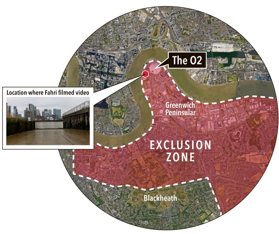 Map of London showing exclusion zone near The O2 and Greenwich Peninsula, inset showing filming location.