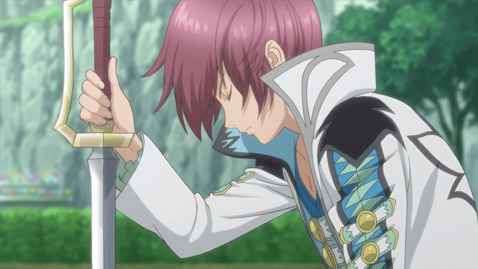 Screenshot from Tales of Graces f Remastered showing a character leaning over a sword.