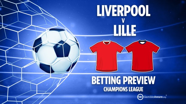 Illustration of a soccer ball in a goal, with Liverpool vs Lille Champions League betting preview text and team jerseys.