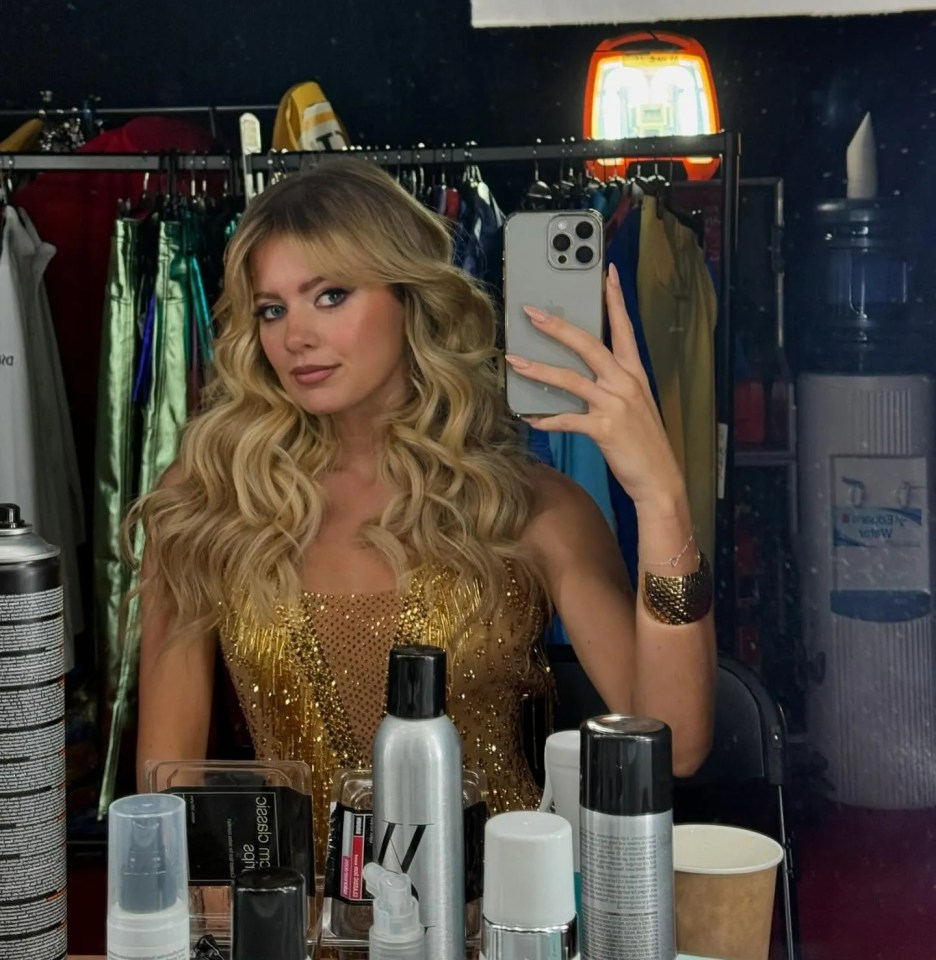 Tasha Ghouri taking a selfie in a sparkly gold top backstage at Strictly Come Dancing.