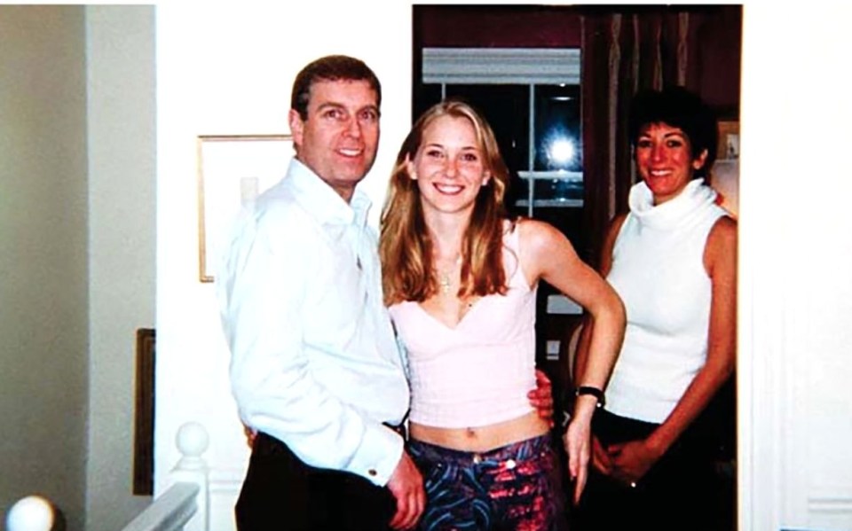 Photo of Prince Andrew, Virginia Roberts (age 17), and Ghislaine Maxwell at Maxwell's London townhouse.  Roberts later filed a lawsuit against Andrew, Maxwell, and Jeffrey Epstein.