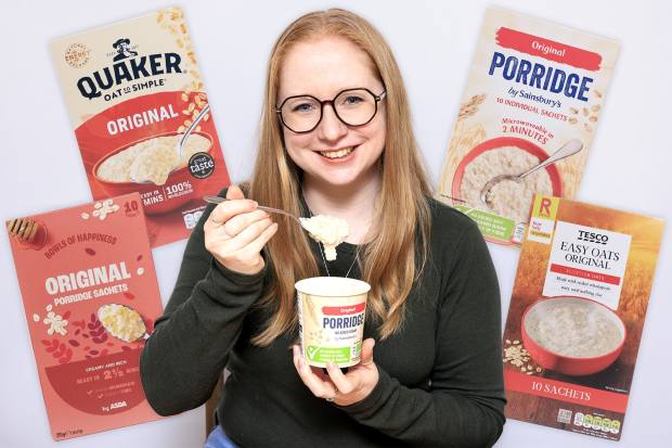 Woman eating porridge with various brands of porridge sachets in the background.