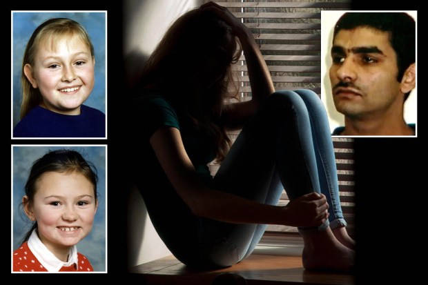 Collage of photos showing two young girls and a man's mugshot, with a silhouetted image of a girl sitting by a window.