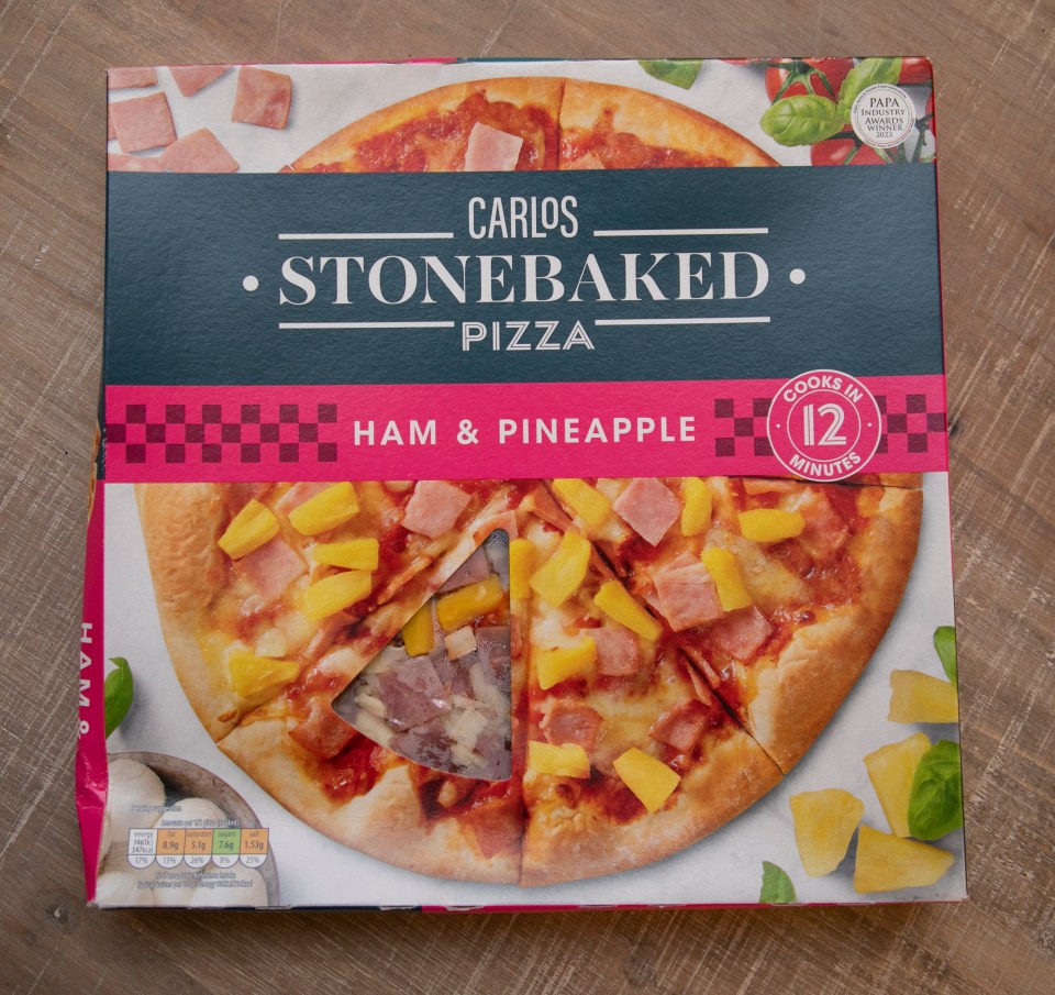 Carlos Stonebaked Ham & Pineapple Pizza box.