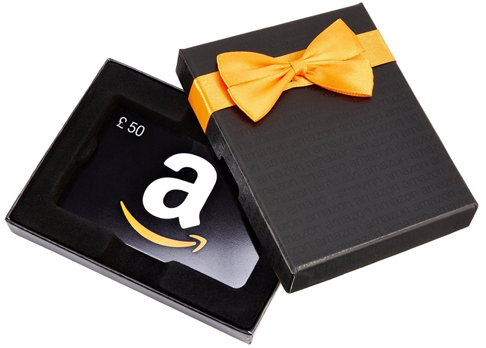 £50 Amazon gift card in a black gift box with an orange bow.