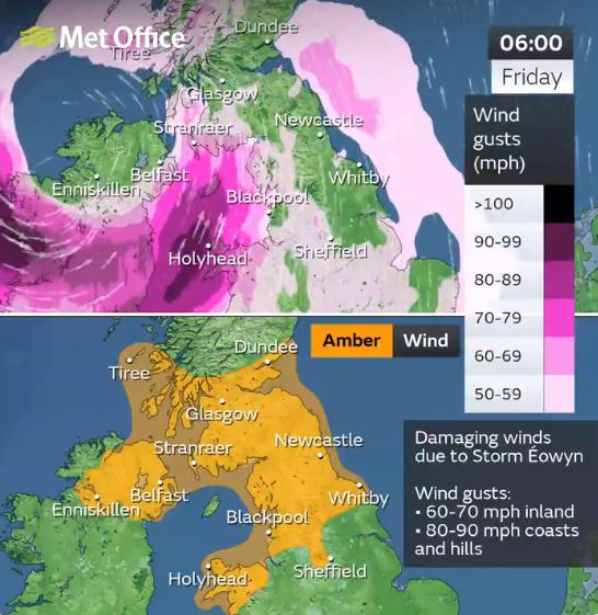 Amber wind warning map for UK, showing wind gusts up to 100mph due to Storm Eowyn.