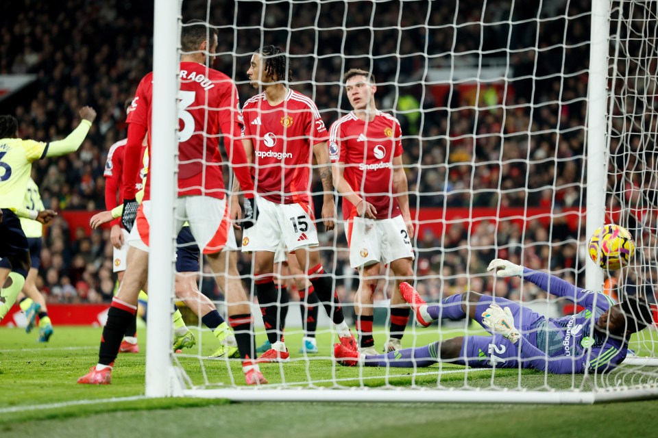 Andre Onana, Manchester United goalkeeper, diving to try to save a goal.