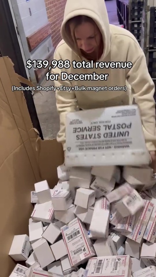 Person packing many boxes of fridge magnets, showing $139,988 in December revenue.