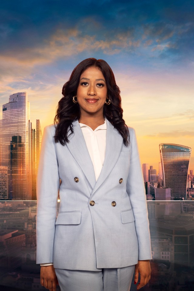 Anisa from The Apprentice, season 19, in a light blue suit against a London cityscape.