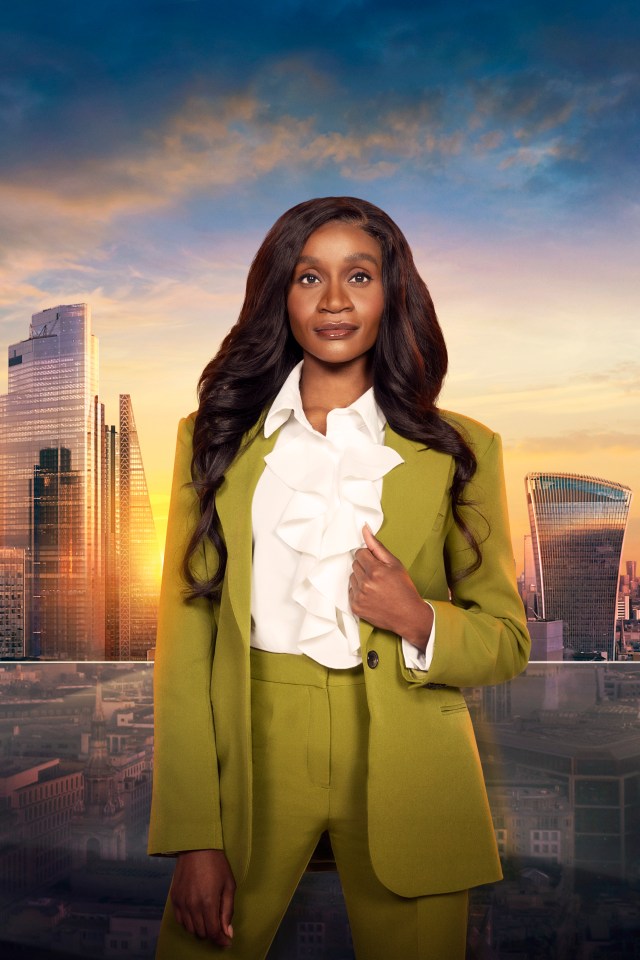 Portrait of a woman in a green suit against a London cityscape at sunset.