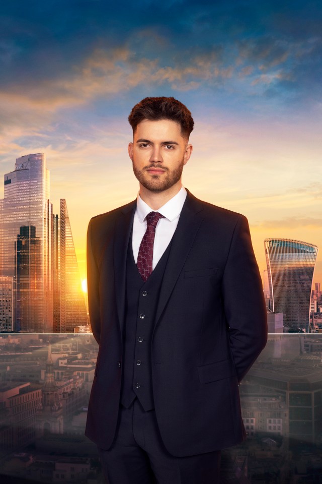 Portrait of Kier, a contestant on The Apprentice, in a suit against a London cityscape backdrop.