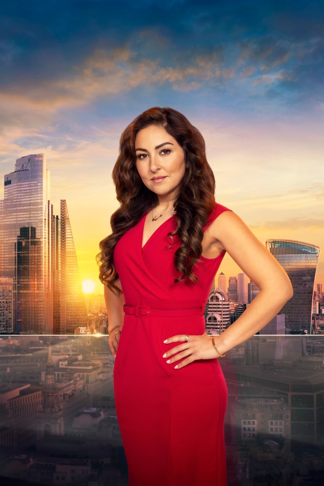 Portrait of Melica from The Apprentice S19 in a red dress against a London cityscape backdrop.