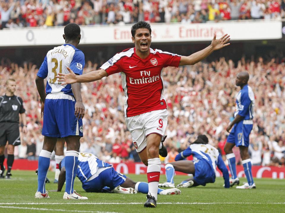 Eduardo da Silva of Arsenal celebrates scoring a goal.