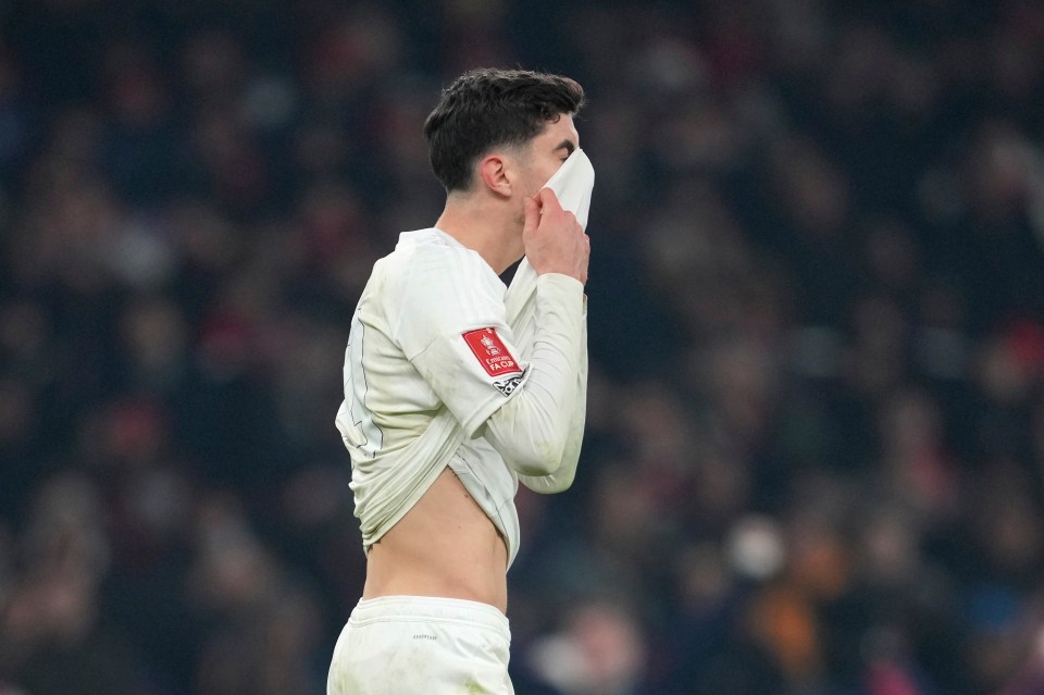 Kai Havertz reacting after missing a penalty shootout.