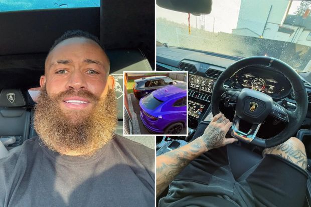 Man with beard in Lamborghini, next to purple Lamborghini Urus.