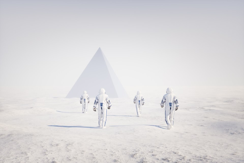 Illustration of astronauts walking toward a pyramid on a snowy, alien planet.