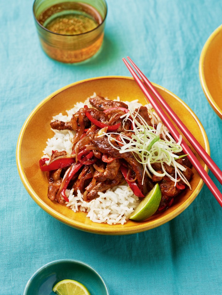 Stir-fried pork with peppers and onions served over rice.