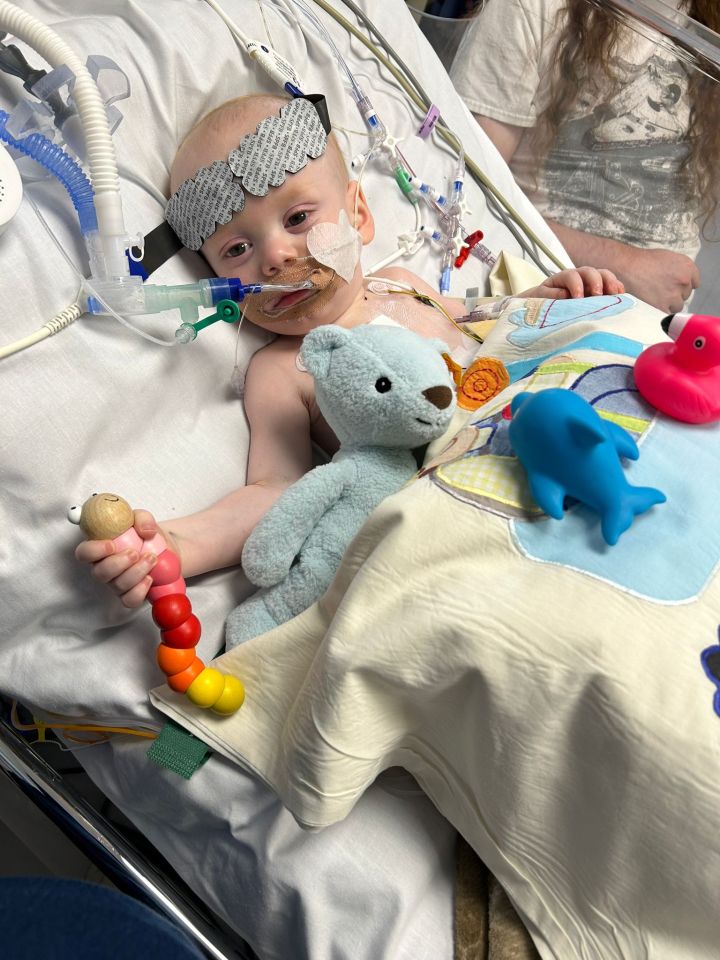 Infant in hospital bed connected to medical equipment, holding a toy.