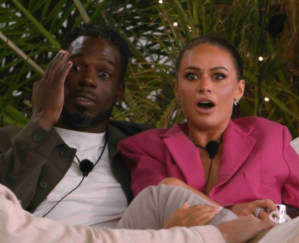 Screenshot of Love Island All Stars showing three islanders reacting to a text message.