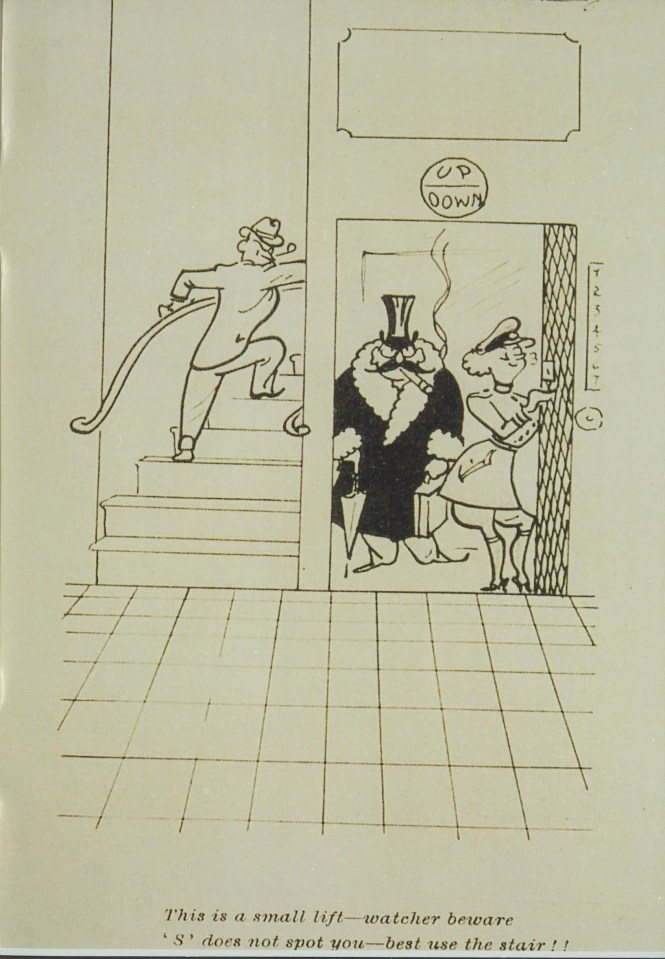 Illustration from a 1939 spy training manual showing a person using the stairs to avoid surveillance.