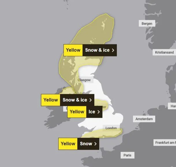 The Met Office is warning of snow and ice on Wednesday for most parts of the UK