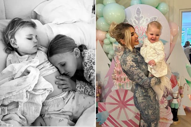 Split image: a black and white photo of two young girls cuddling, and a color photo of a woman holding a baby at a birthday party.