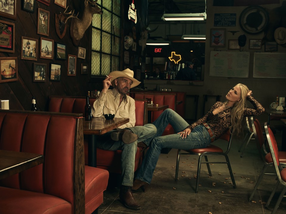 Billy Bob Thornton and Ali Larter in a diner scene from Landman.