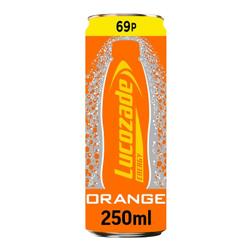 Lucozade Energy Orange 250ml can, 69p.