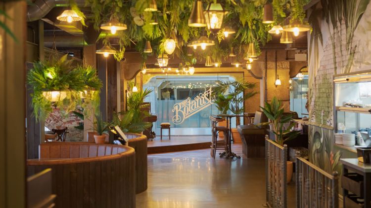 Interior view of The Botanist Bar, featuring a tropical theme with hanging plants and lights.