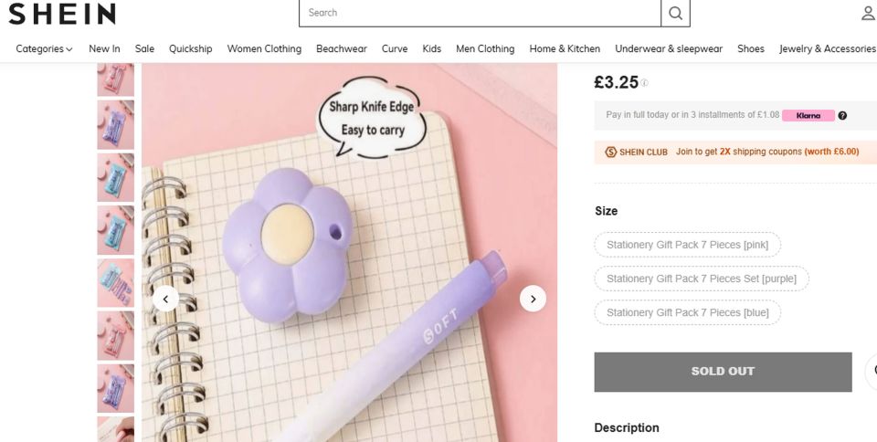 Shein product page showing a sold-out stationery gift set with a hidden knife.