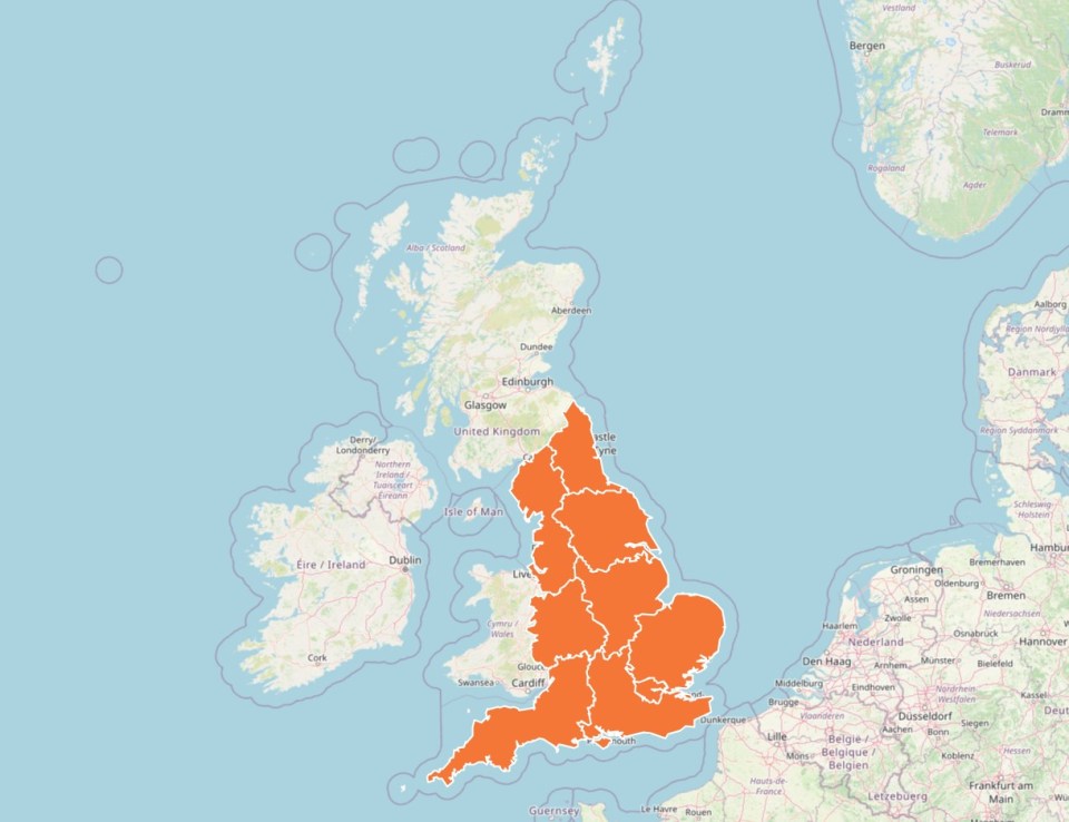 Map of the UK highlighting regions under amber cold weather alerts.