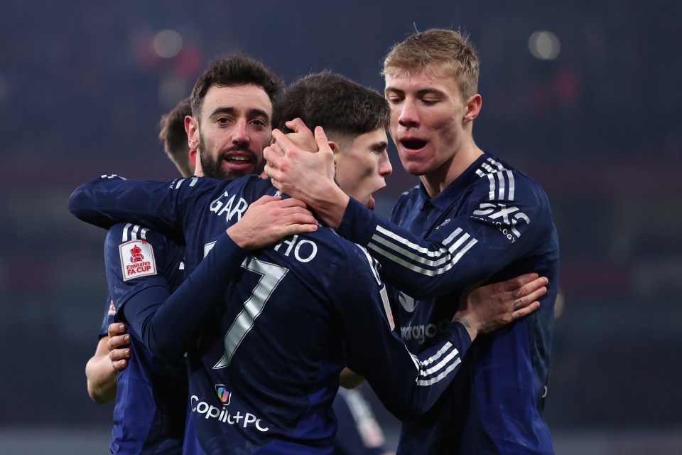 Manchester United players celebrating a goal.