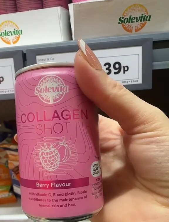 Hand holding a can of Solevita Collagen Shot in a Lidl store.