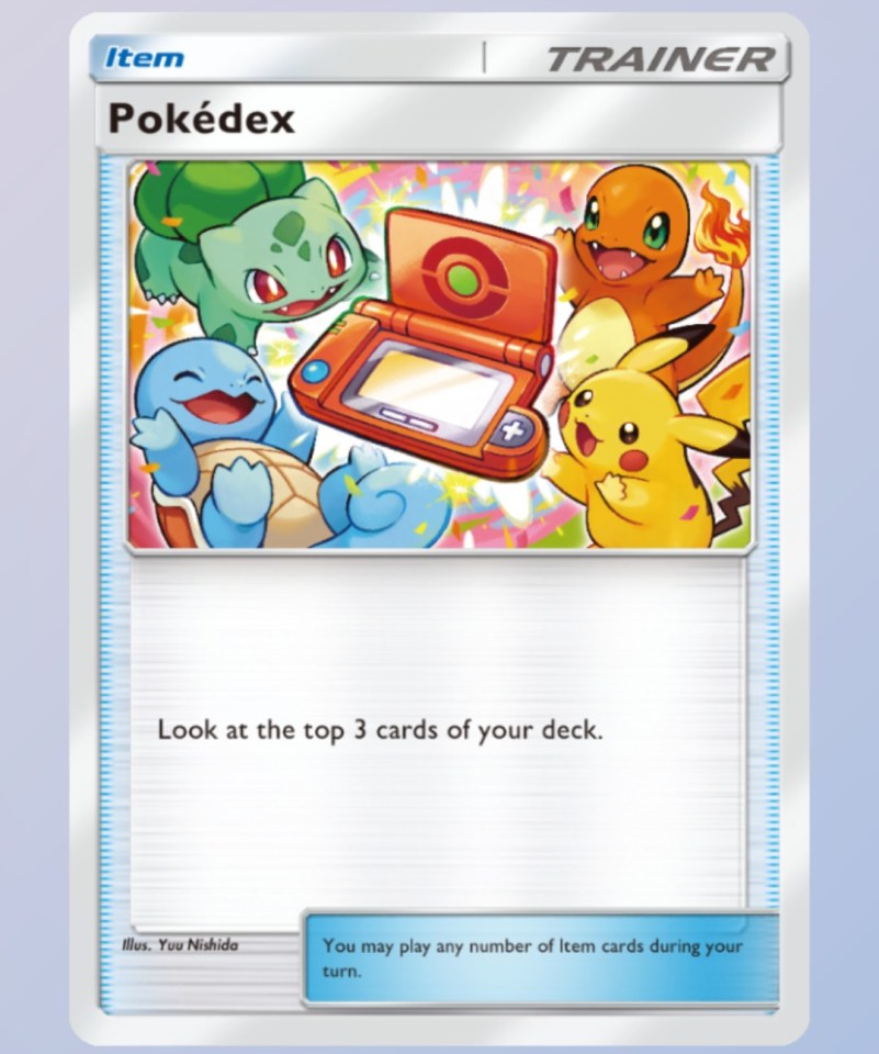 Illustration of a Pokémon trading card: Pokédex.  Shows Bulbasaur, Squirtle, Charmander, and Pikachu surrounding a Pokédex.