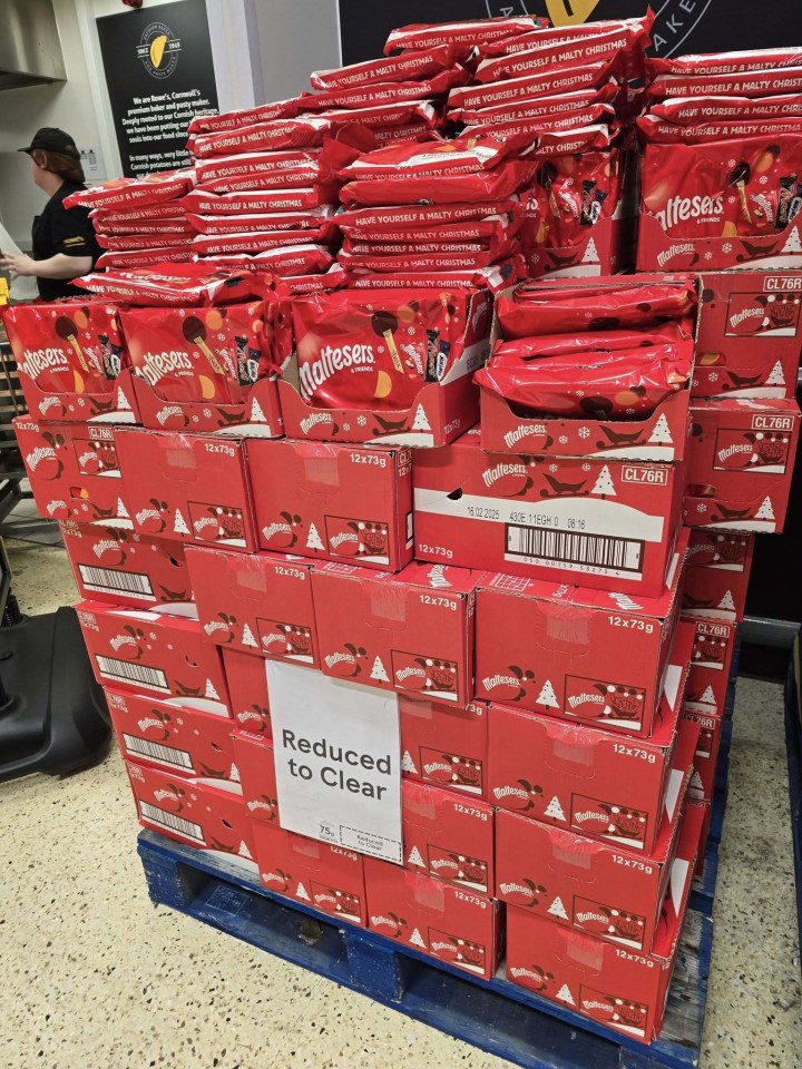 A pallet of reduced Maltesers Christmas boxes.