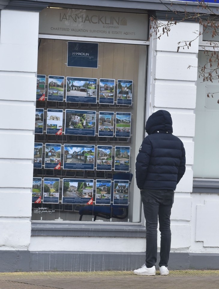 Person looking at real estate listings in an estate agent's window.