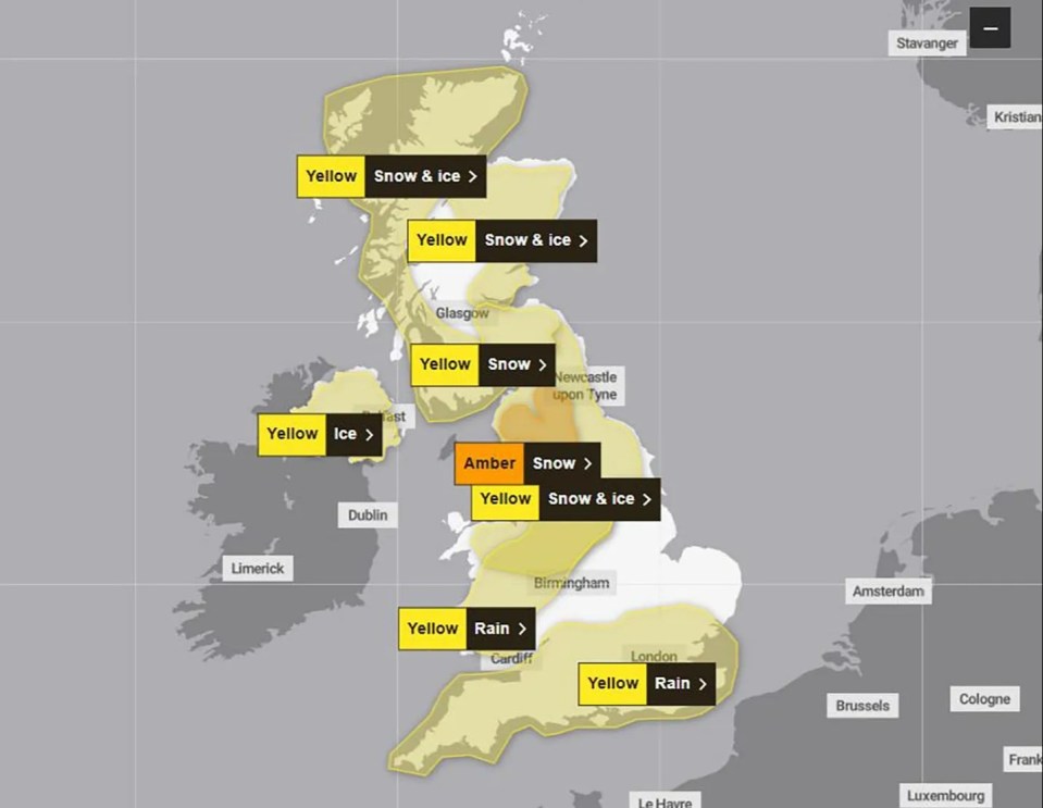 The Met Office has issued a rare amber weather warning along with seven yellow alerts