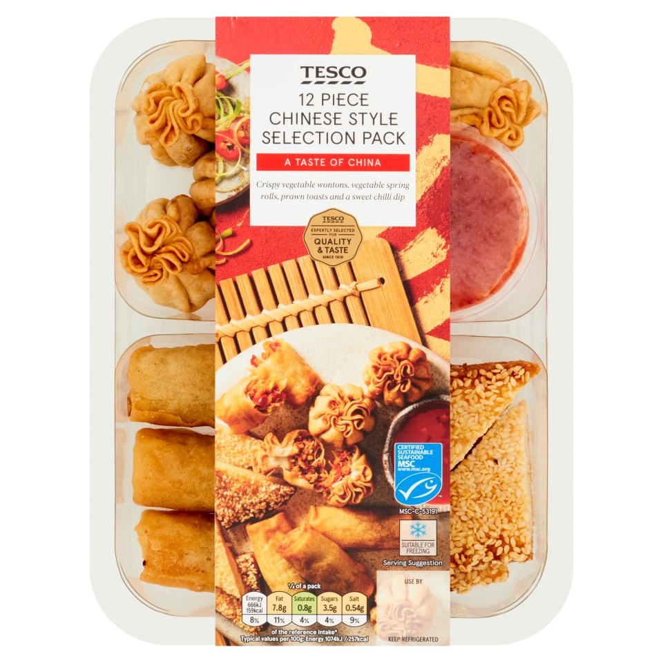 Tesco 12-piece Chinese-style selection pack: wontons, spring rolls, prawn toasts, and sweet chili dip.