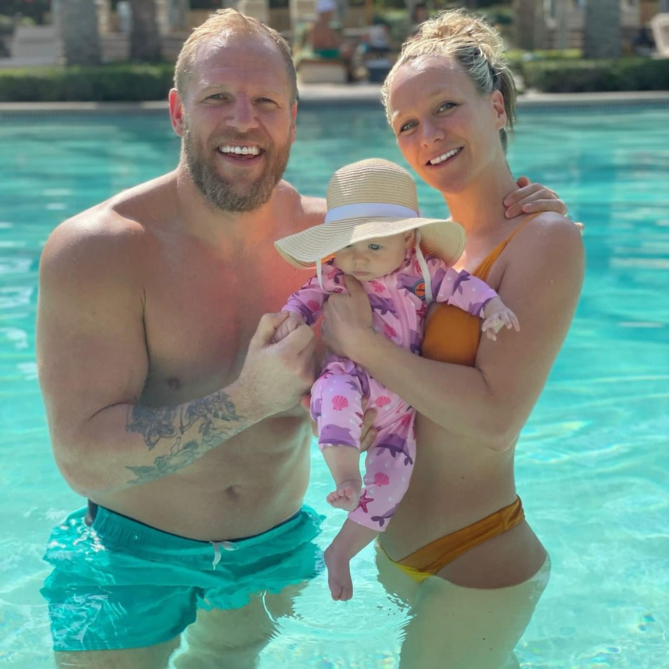 Chloe Madeley, James Haskell, and their baby Bodhi in a swimming pool.