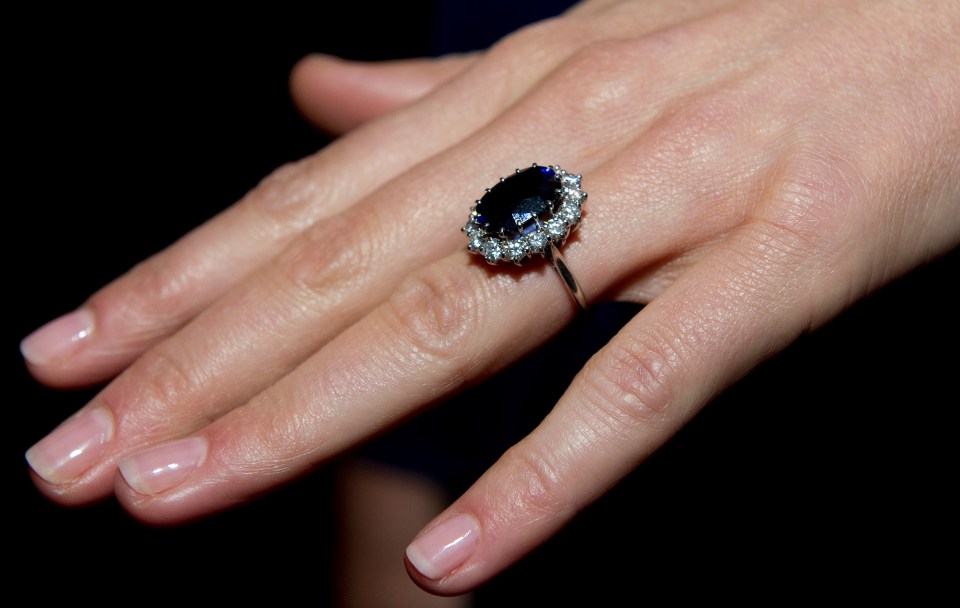 Close-up of Kate Middleton's sapphire and diamond engagement ring.