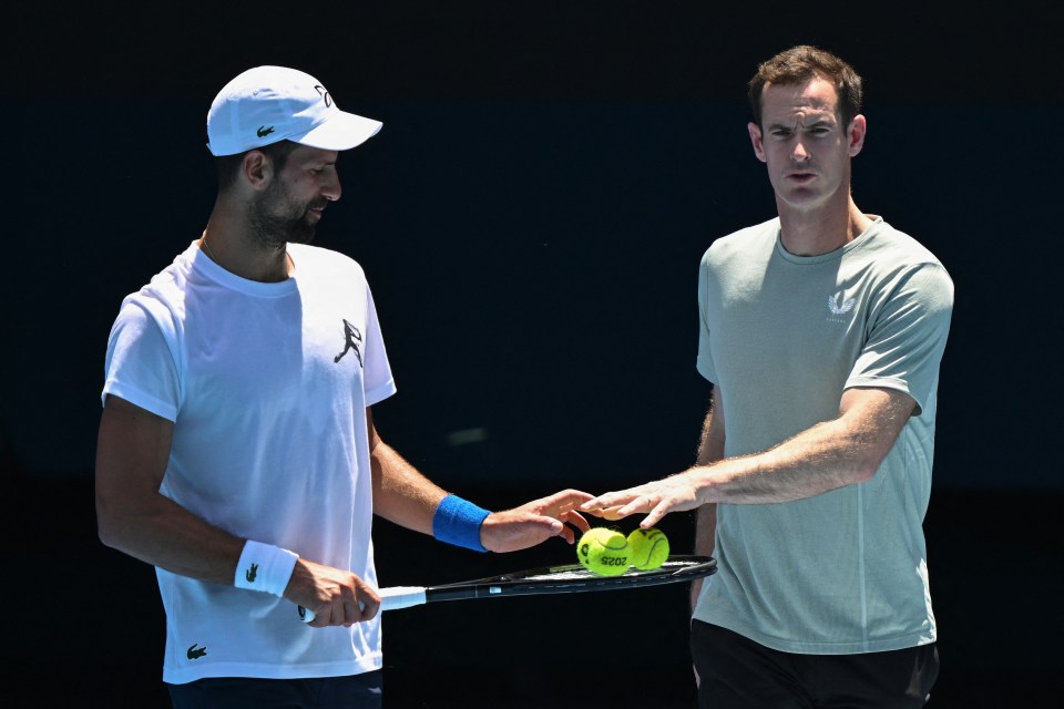 Novak Djokovic and Andy Murray at a tennis practice.