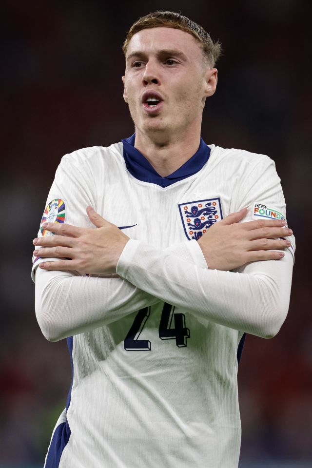 Cole Palmer of England's national soccer team celebrates scoring a goal.