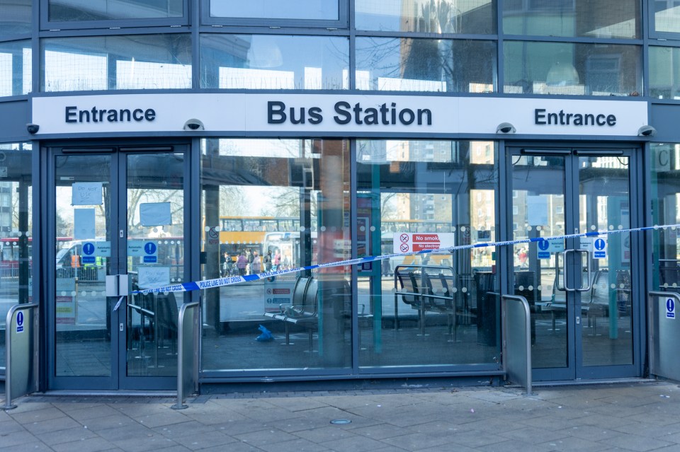 Cordoned-off bus station following a stabbing.