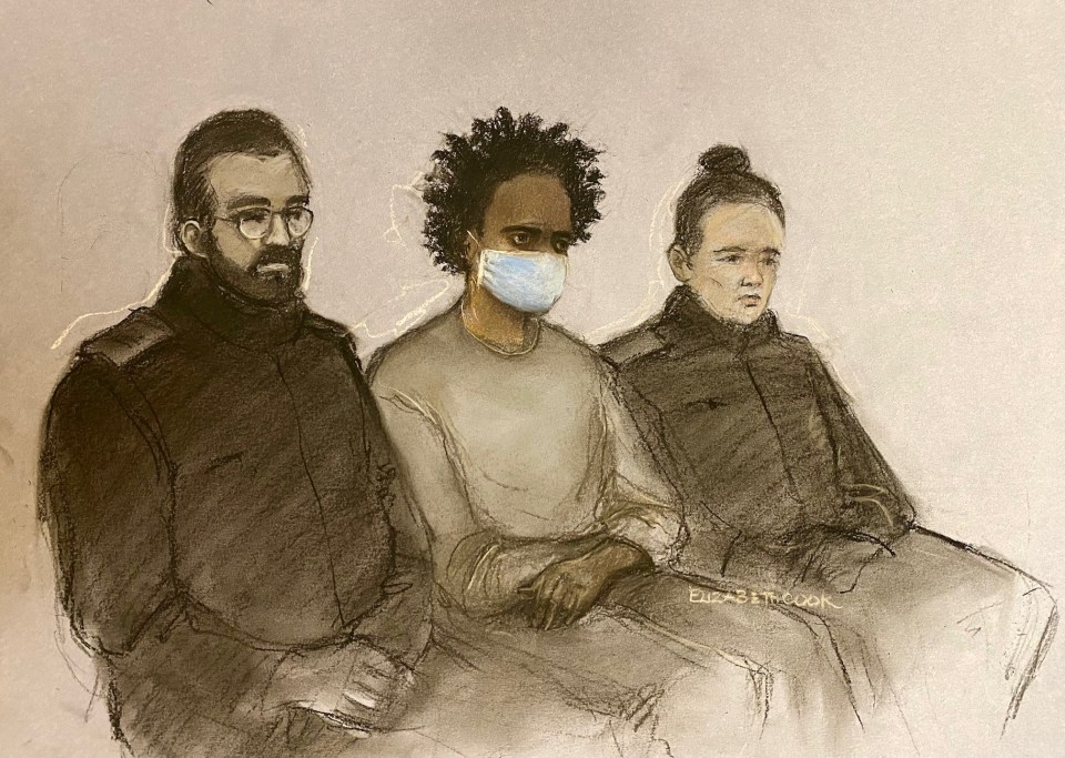 Court sketch of three individuals in court.