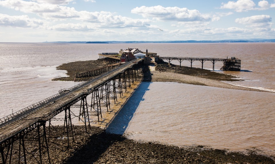 Derelict Birnbeck Pier in Weston-super-Mare, Somerset, overlooking the Severn Estuary.