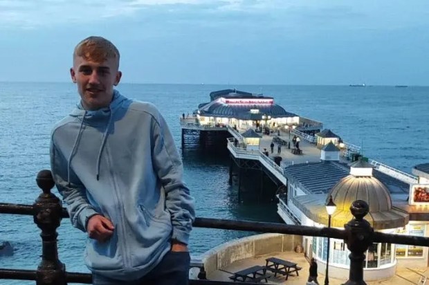 A young man stands on a pier overlooking the ocean.