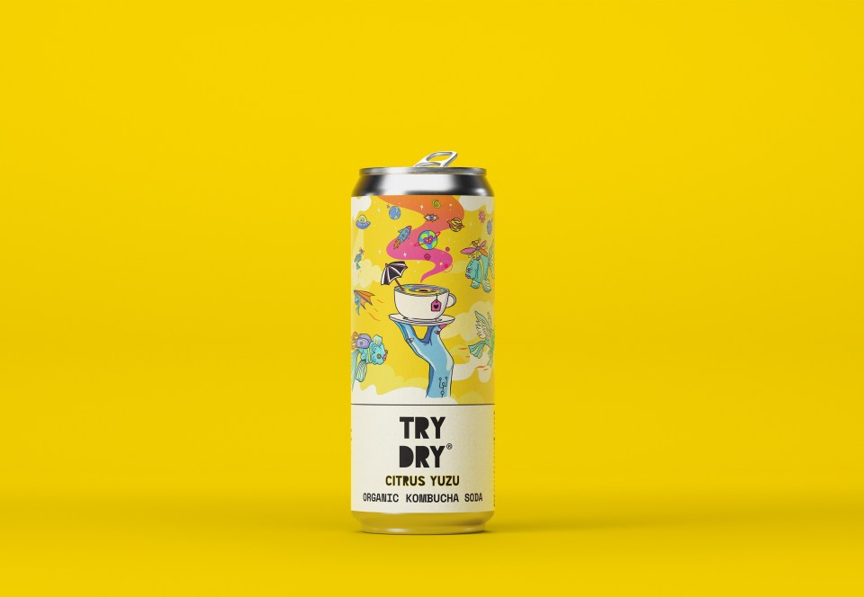 Can of Try Dry Citrus Yuzu organic kombucha soda.