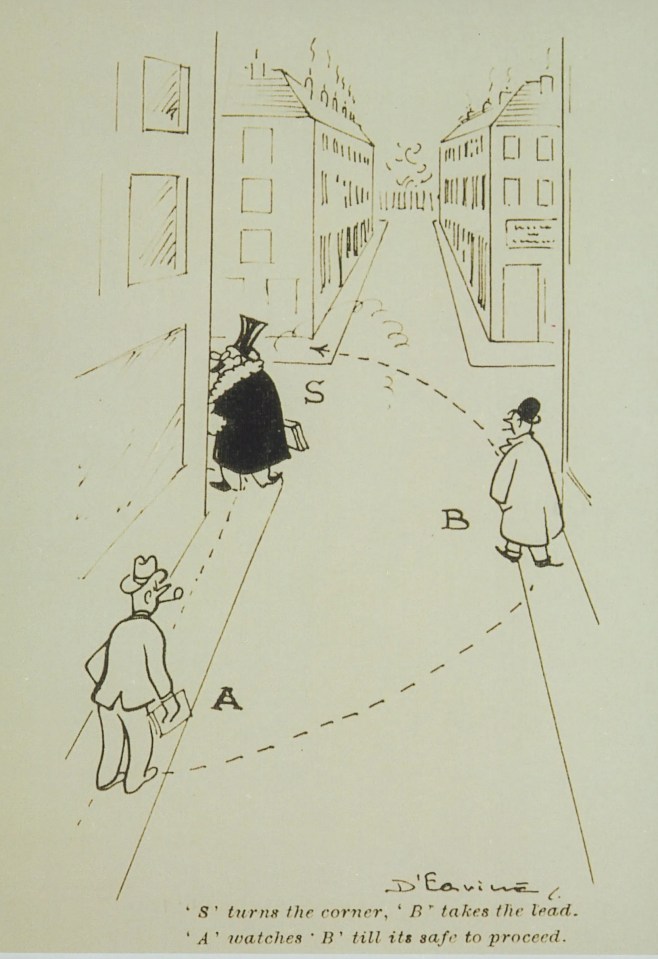 Illustration of three spies using observation techniques.