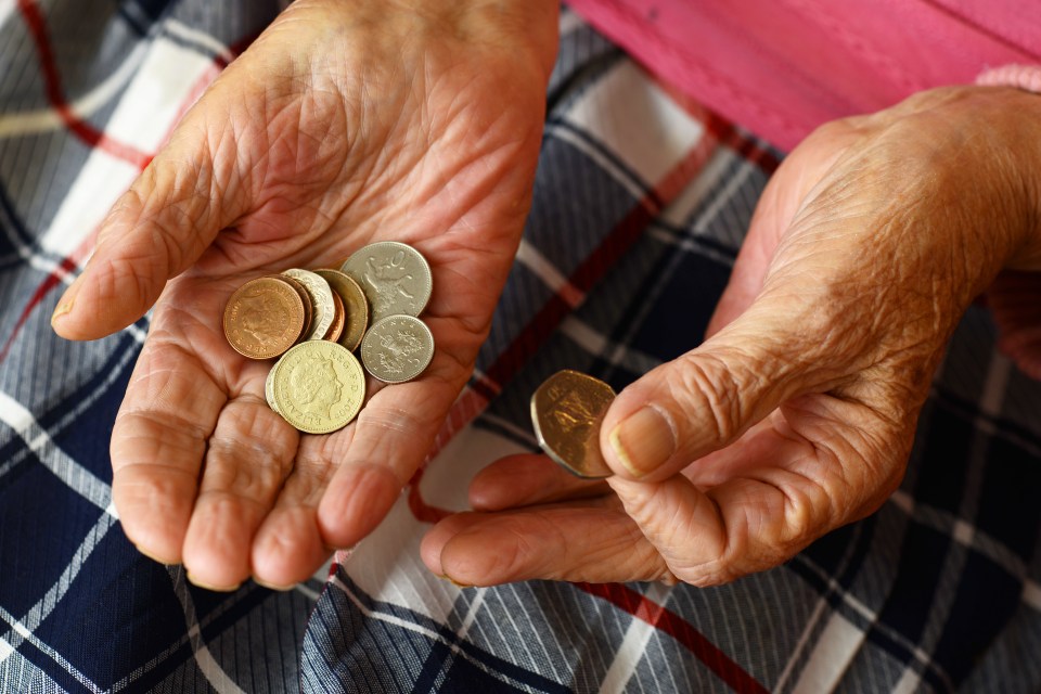 Close-up of elderly hands holding a small amount of coins.